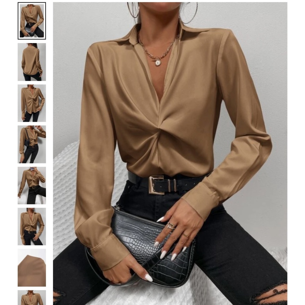 Taupe silky twist-front blouse